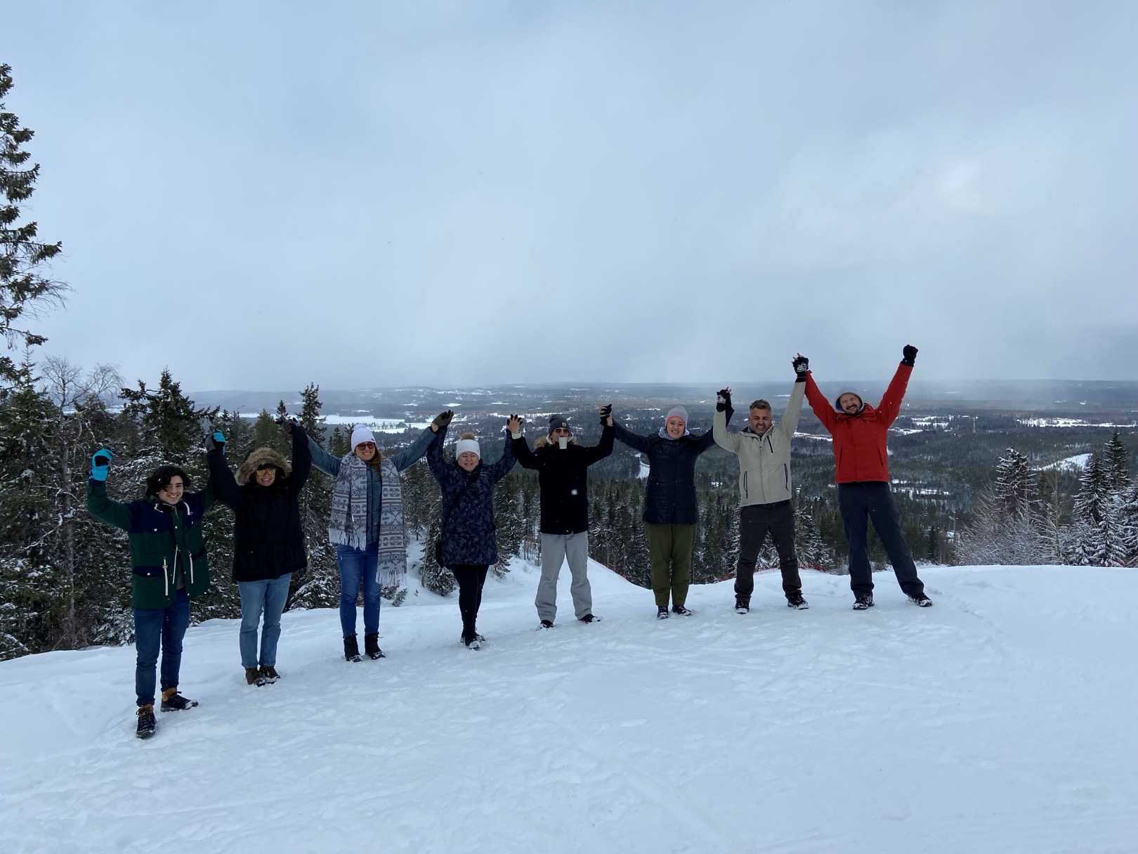 A group standing on a snowy hilltop in Kainuu with their arms raised